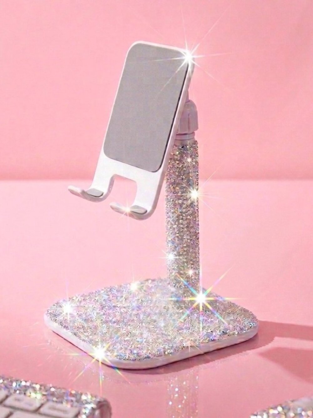 Bling Rhinestone Phone Stand – Cute Pink Aesthetic Desk Decor